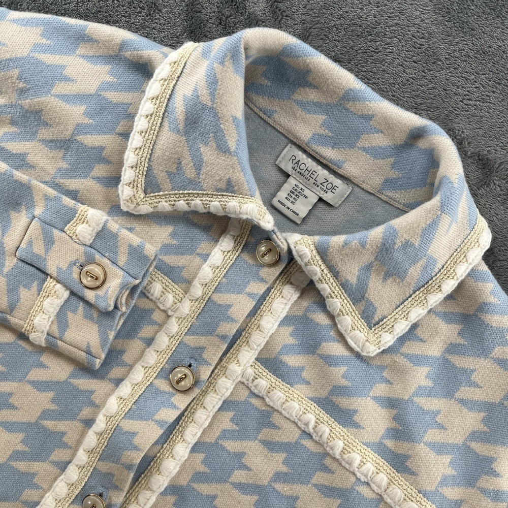 Rachel Zoe Light Blue Houndstooth Knit Shacket Cardigan Jacket Trim XS